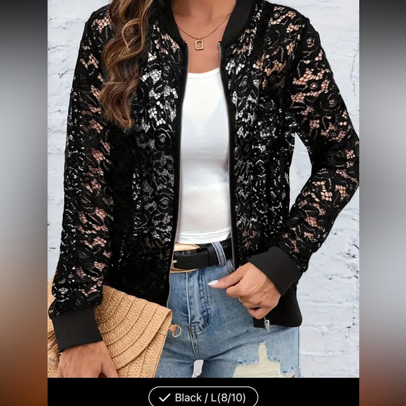 401. Stylish Guipure Lace Zip-Up Jacket - Casual Long Sleeve Baseball Collar Out - Picture 1 of 2